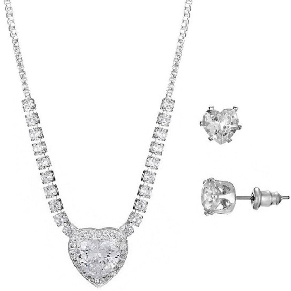PRIMAVERA 2pc Romantic Heart Silver Plated CZ Necklace + Heart Earrings Set**NEW